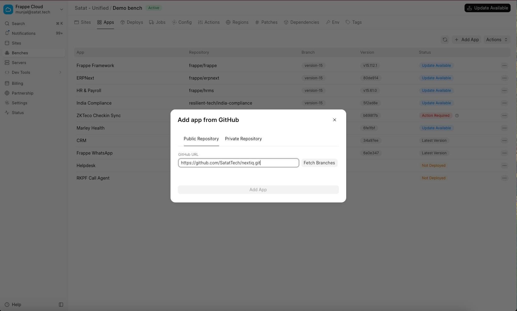 Add app from GitHub dialog with the NextIQ repository URL filled in