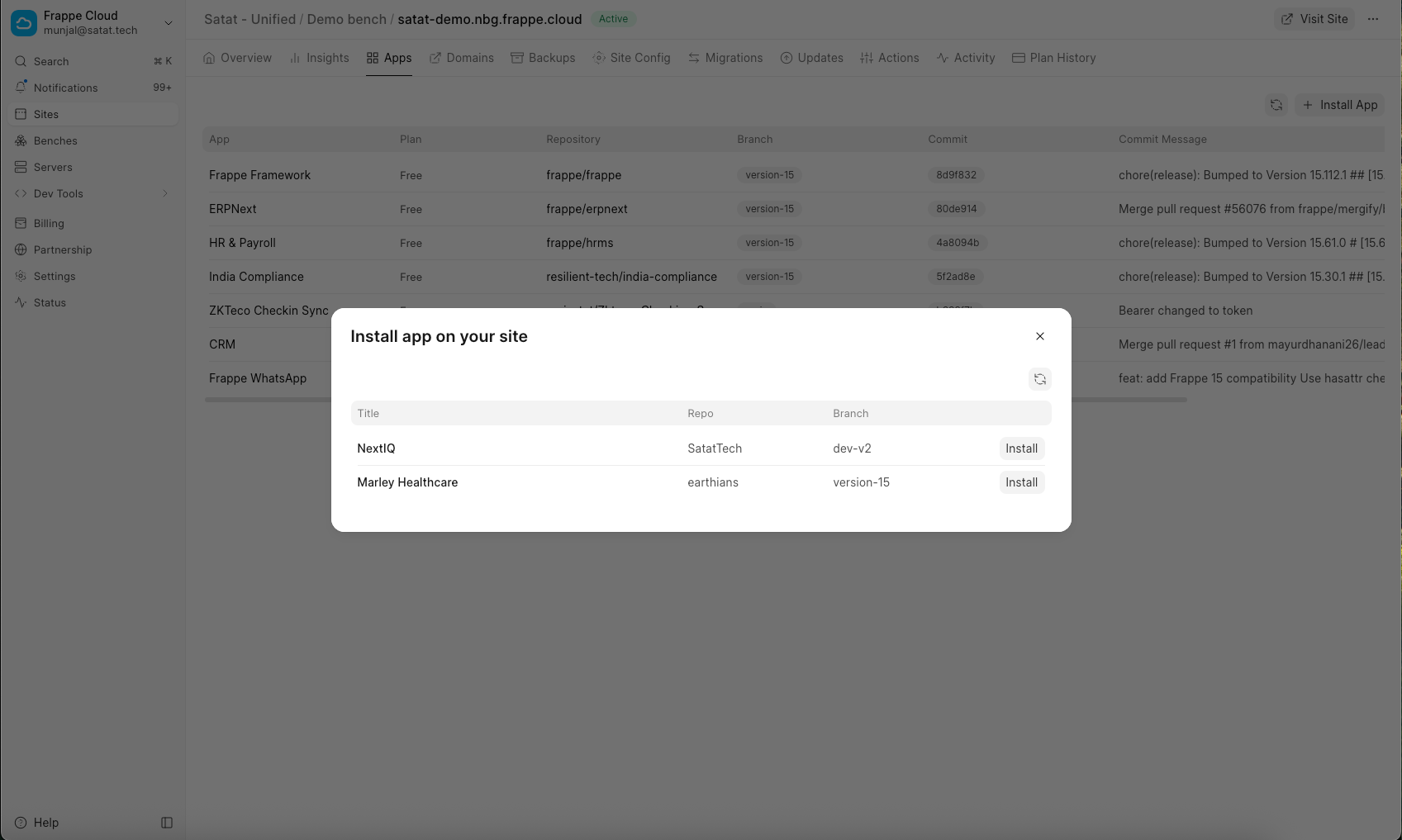 Install app on your site picker showing NextIQ available to install