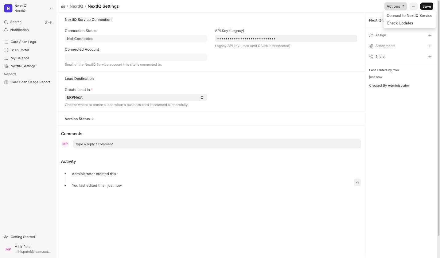 NextIQ Settings with the Connect to NextIQ Service action